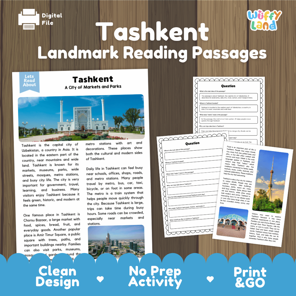 Tashkent landmark reading passage and comprehension worksheet educational unit featuring nonfiction text and authentic Tashkent Uzbekistan architecture photography