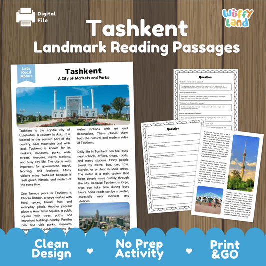 Tashkent landmark reading passage and comprehension worksheet educational unit featuring nonfiction text and authentic Tashkent Uzbekistan architecture photography