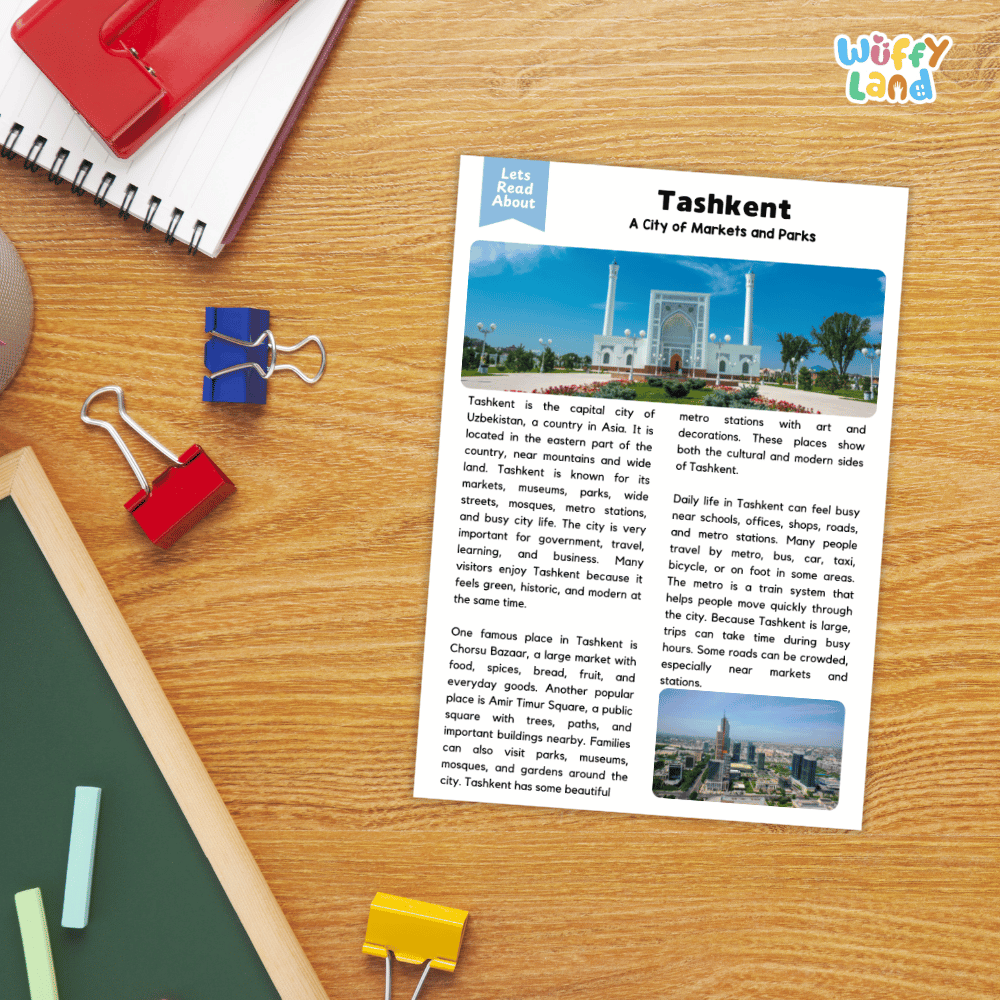 Lined reading comprehension question worksheet covering main ideas vocabulary terms and landmark facts about Tashkent Uzbekistan