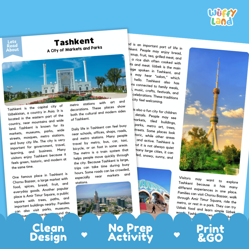 Reference sheet and answer key for Tashkent landmark reading passage displaying completed comprehension answers and Central Asian geography facts