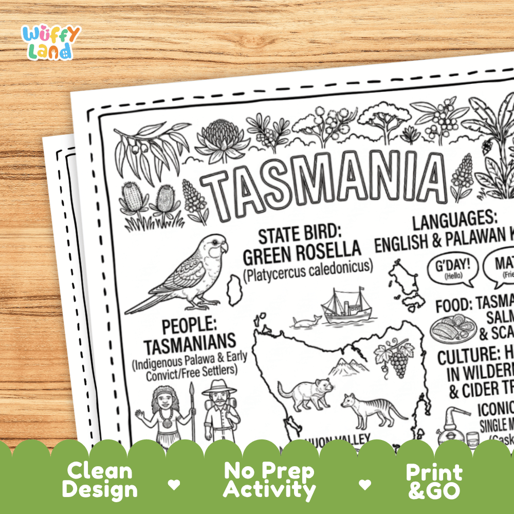 Cultural coloring page featuring Tasmanian Devil, Thylacine, Huon pine crafts, Anzac biscuits, and Gday greeting speech bubbles