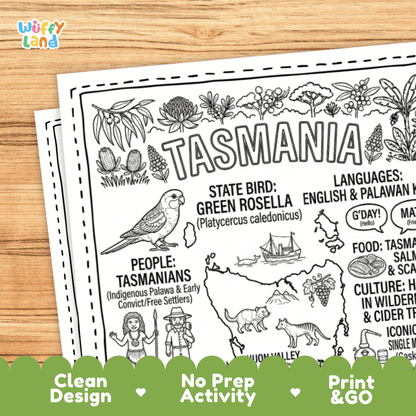 Cultural coloring page featuring Tasmanian Devil, Thylacine, Huon pine crafts, Anzac biscuits, and Gday greeting speech bubbles