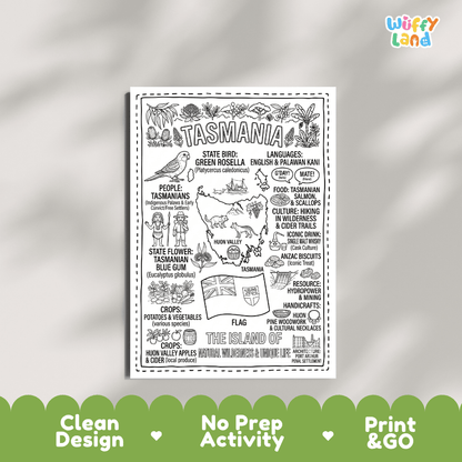 Educational activity coloring page highlighting Tasmania Green Rosella bird, Tasmanian Blue Gum flower, and state flag