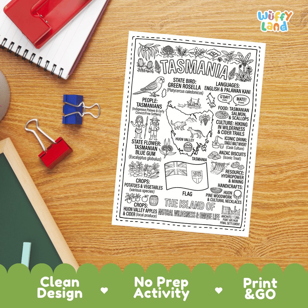 Doodle map coloring sheet showing Tasmania, Huon Valley, historic Port Arthur architecture, hydropower dam, and wilderness trails