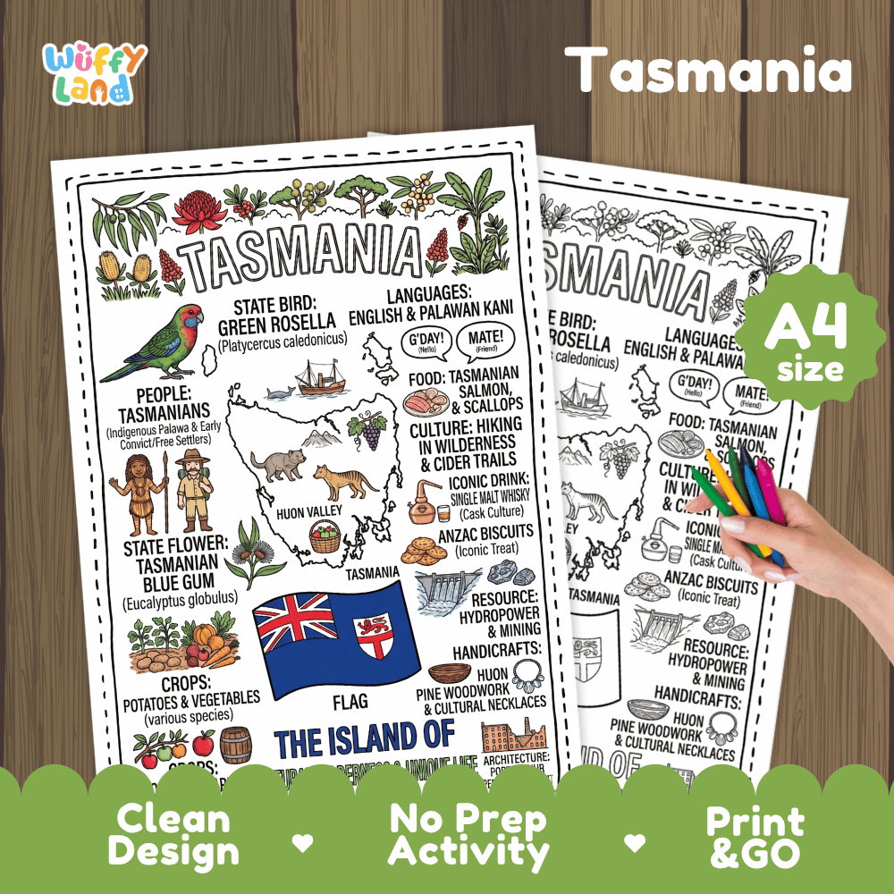Tasmania state study doodle style coloring poster printable page featuring map, Tasmanian devil, and state emblems