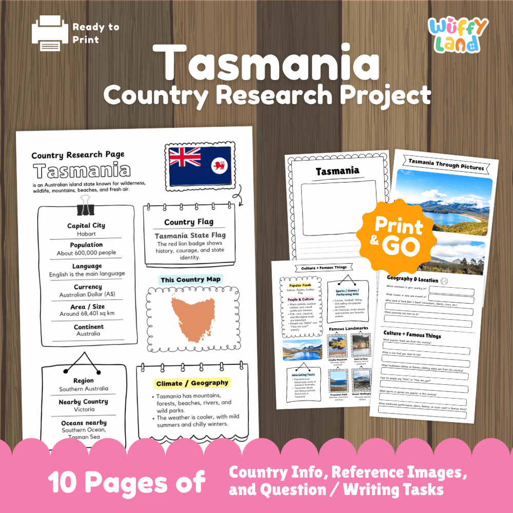 Tasmania Country Research Project Worksheets and Activity Pages