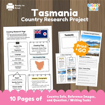 Tasmania Country Research Project Worksheets and Activity Pages