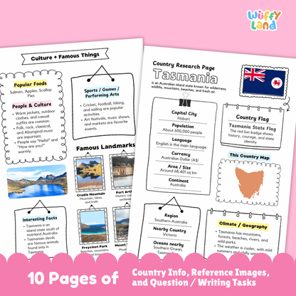 Tasmania Country Research Project Worksheets and Activity Pages