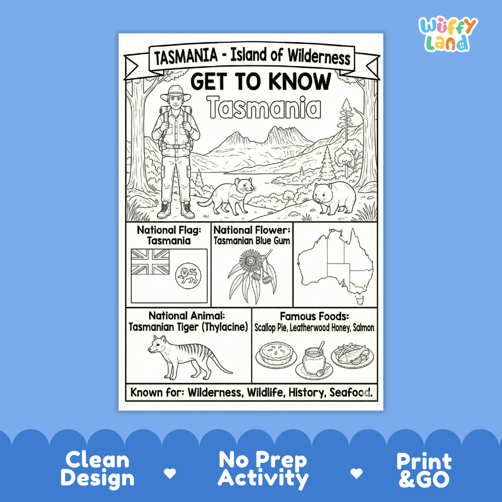 Tasmania Geography Coloring Poster | Australia State Study Research Worksheet Activity