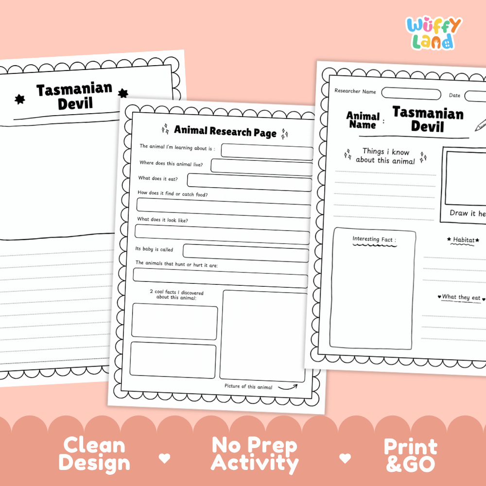 Tasmanian Devil Animal Research Page Graphic Organizers and Worksheets