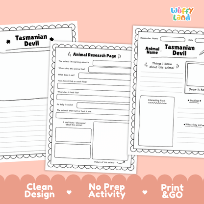 Tasmanian Devil Animal Research Page Graphic Organizers and Worksheets