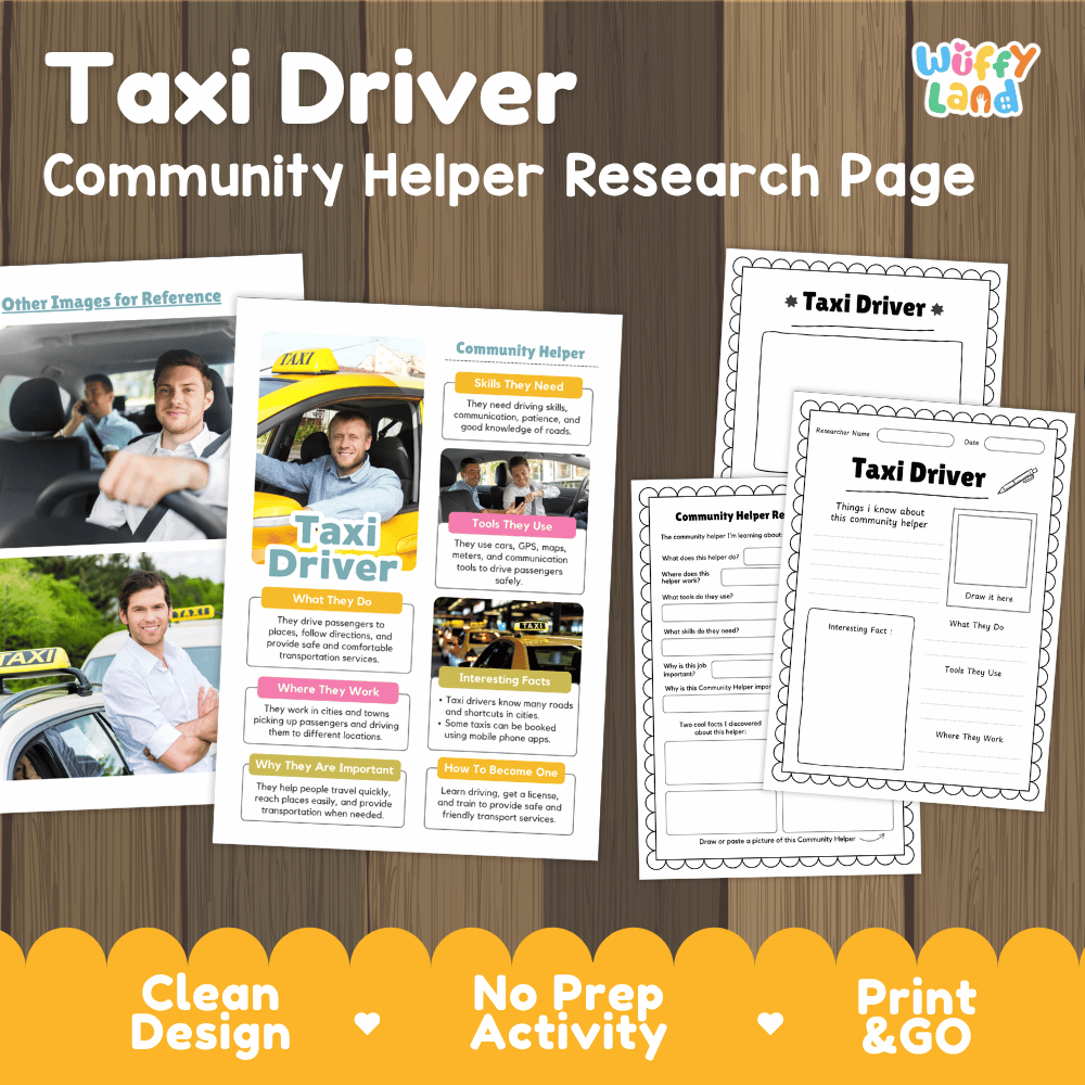 Taxi driver community helper research page writing worksheets pack featuring real photos and student activity pages for elementary social studies