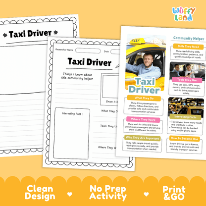Educational reference poster with real photography showing taxi driver job duties, tools, workplace, and interesting facts