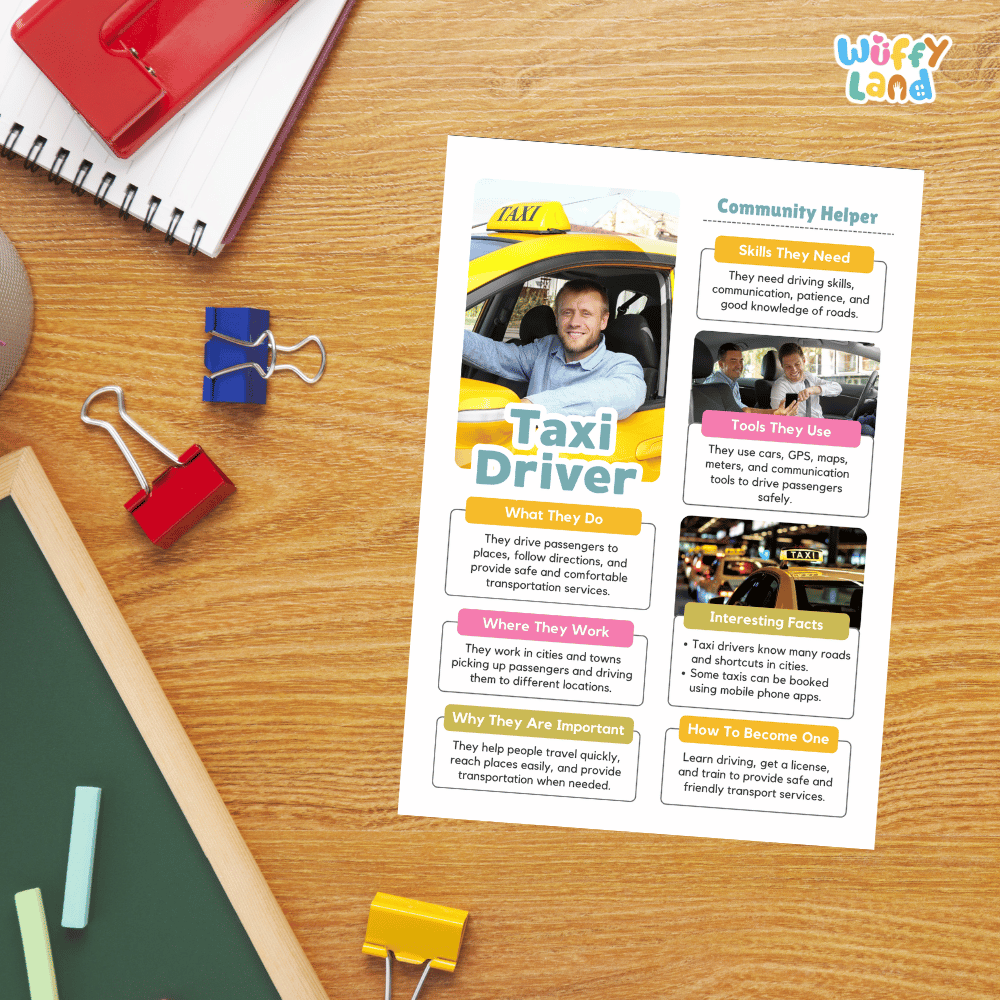 Guided student writing worksheets with lined sections for recording facts and a dedicated box for drawing or pasting a picture of a taxi driver