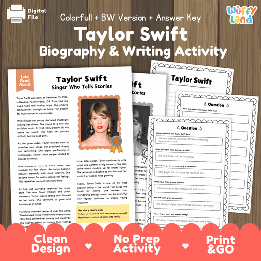 Taylor Swift biography reading comprehension worksheets with nonfiction passage, comprehension questions, writing activity and answer key for students