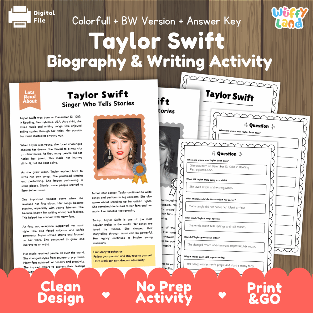 Digital activity worksheet bundle for 'Taylor Swift Biography & Writing Activity' featuring a printable lesson page and writing prompts, displayed on a dark wood background with a 'Uffy Land' brand logo.