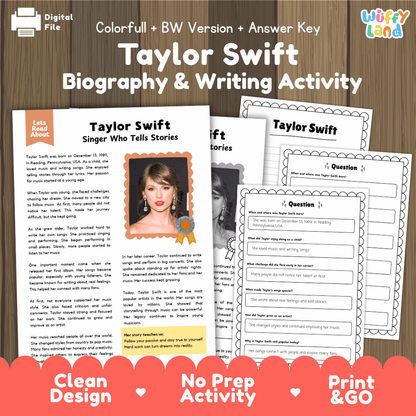 Digital activity worksheet bundle for 'Taylor Swift Biography & Writing Activity' featuring a printable lesson page and writing prompts, displayed on a dark wood background with a 'Uffy Land' brand logo.