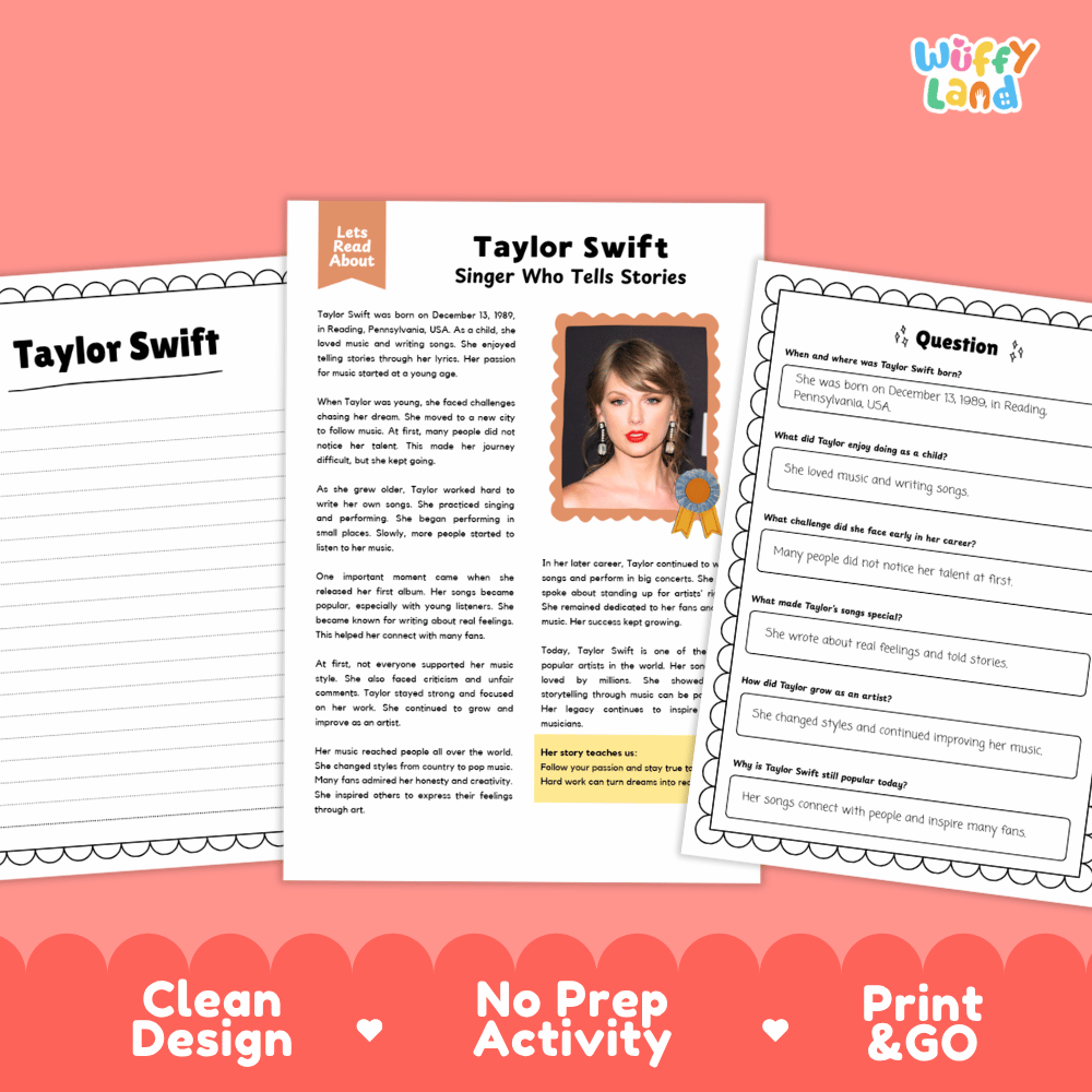 Taylor Swift Biography Reading Passage and Writing Activity Worksheets