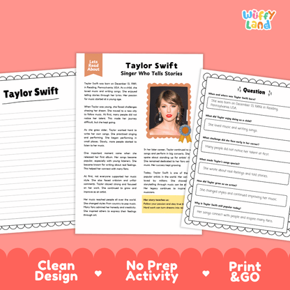 Taylor Swift Biography Reading Passage and Writing Activity Worksheets