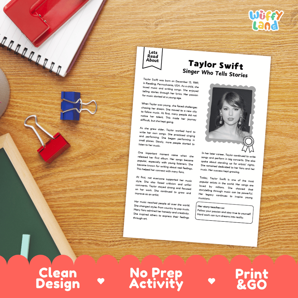 Taylor Swift Biography Reading Passage and Writing Activity Worksheets