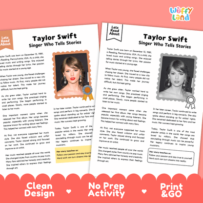 Two printed reading activity sheets about Taylor Swift, shown on a white background with a coral banner at the bottom reading 'Clean Design', 'No Prep Activity', and 'Print & GO'. The sheets are titled 'Let's Read About' and feature text plus portrait photos of Taylor Swift.