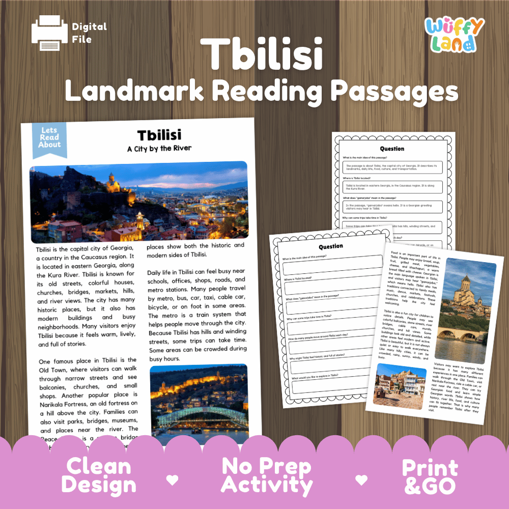 Tbilisi landmark reading passage and comprehension worksheet educational unit featuring nonfiction text and authentic nighttime Tbilisi Georgia cityscape photography