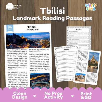 Tbilisi landmark reading passage and comprehension worksheet educational unit featuring nonfiction text and authentic nighttime Tbilisi Georgia cityscape photography