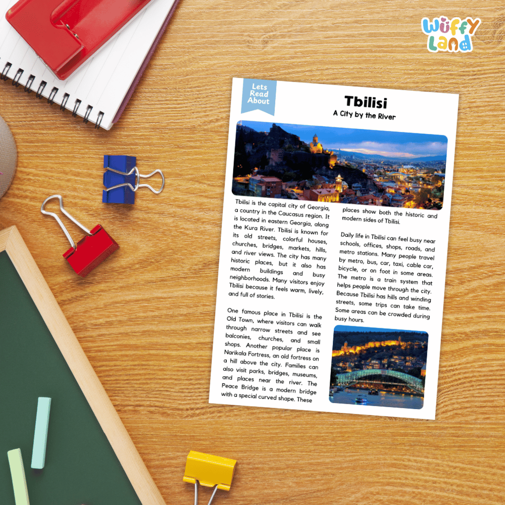 Lined reading comprehension question worksheet covering main ideas vocabulary terms and landmark facts about Tbilisi Georgia
