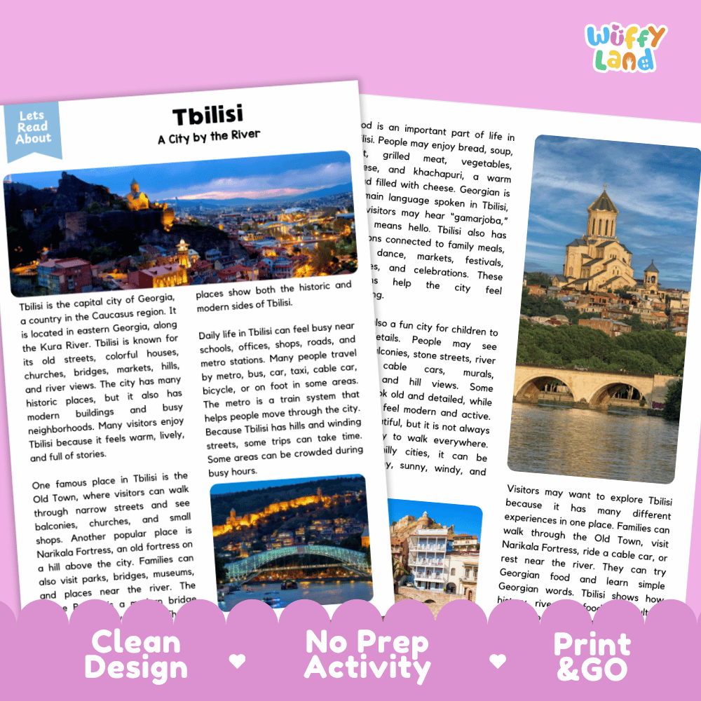Reference sheet and answer key for Tbilisi landmark reading passage displaying completed comprehension answers and Caucasus geography facts