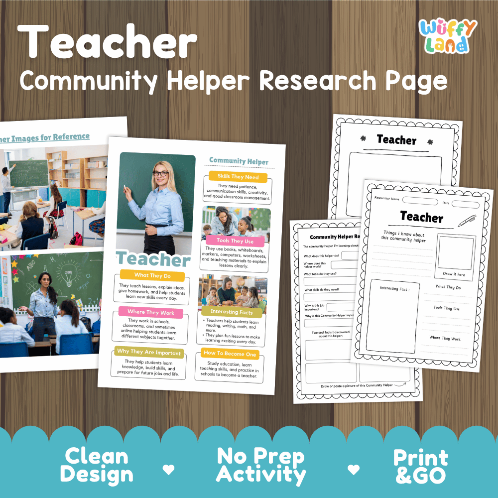 Teacher community helper research page writing worksheets pack featuring real photos and student activity pages for elementary social studies