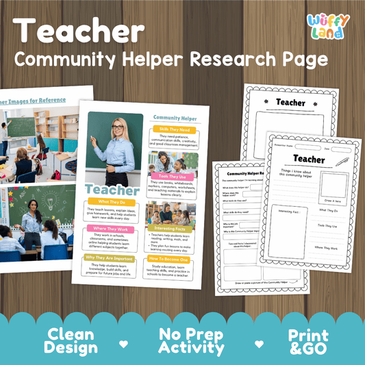 Teacher community helper research page writing worksheets pack featuring real photos and student activity pages for elementary social studies