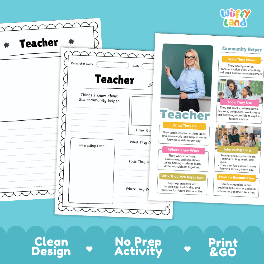 Educational reference poster with real photography showing teacher job duties, whiteboard tools, classroom workplace, and interesting facts