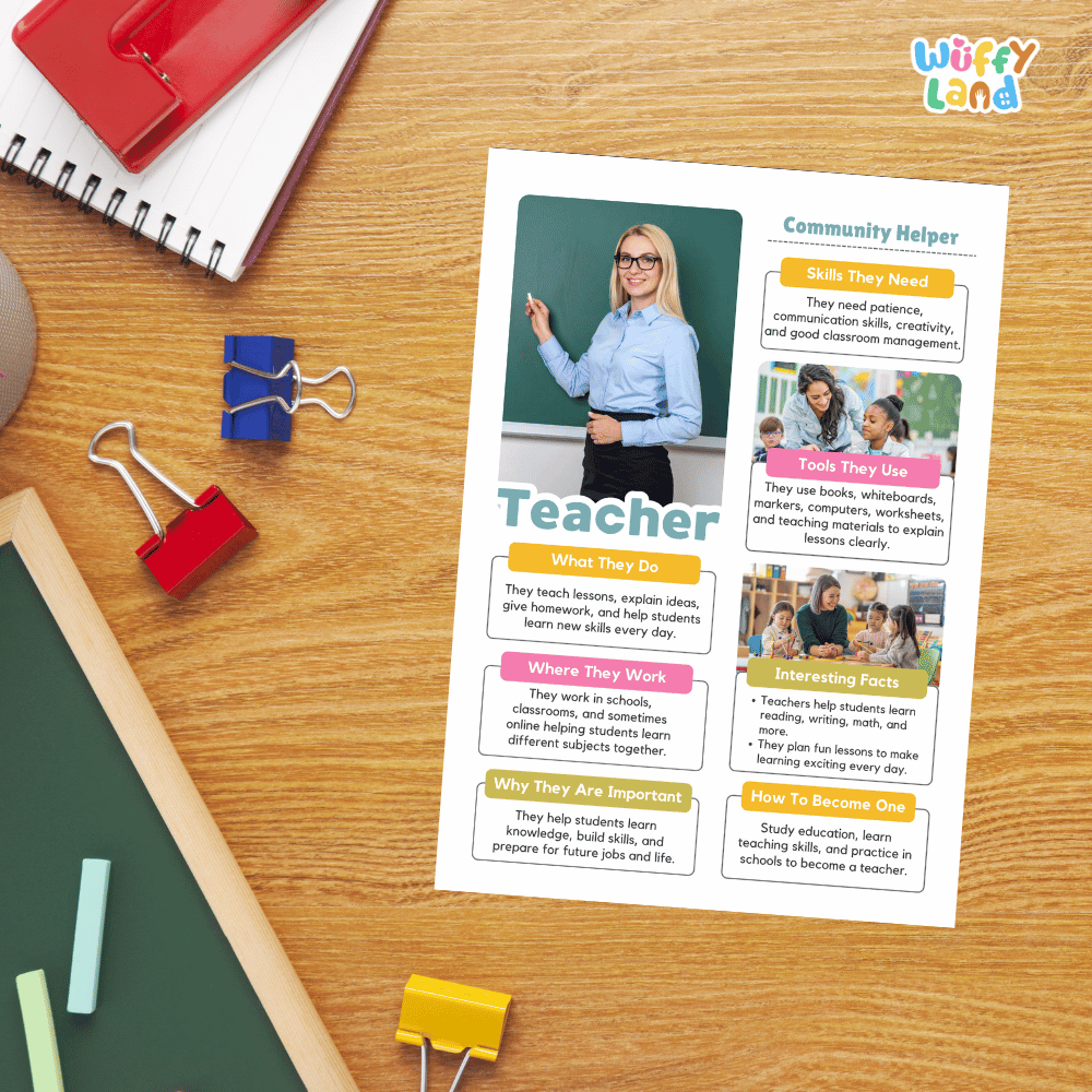 Guided student writing worksheets with lined sections for recording facts and a dedicated box for drawing or pasting a picture of a teacher