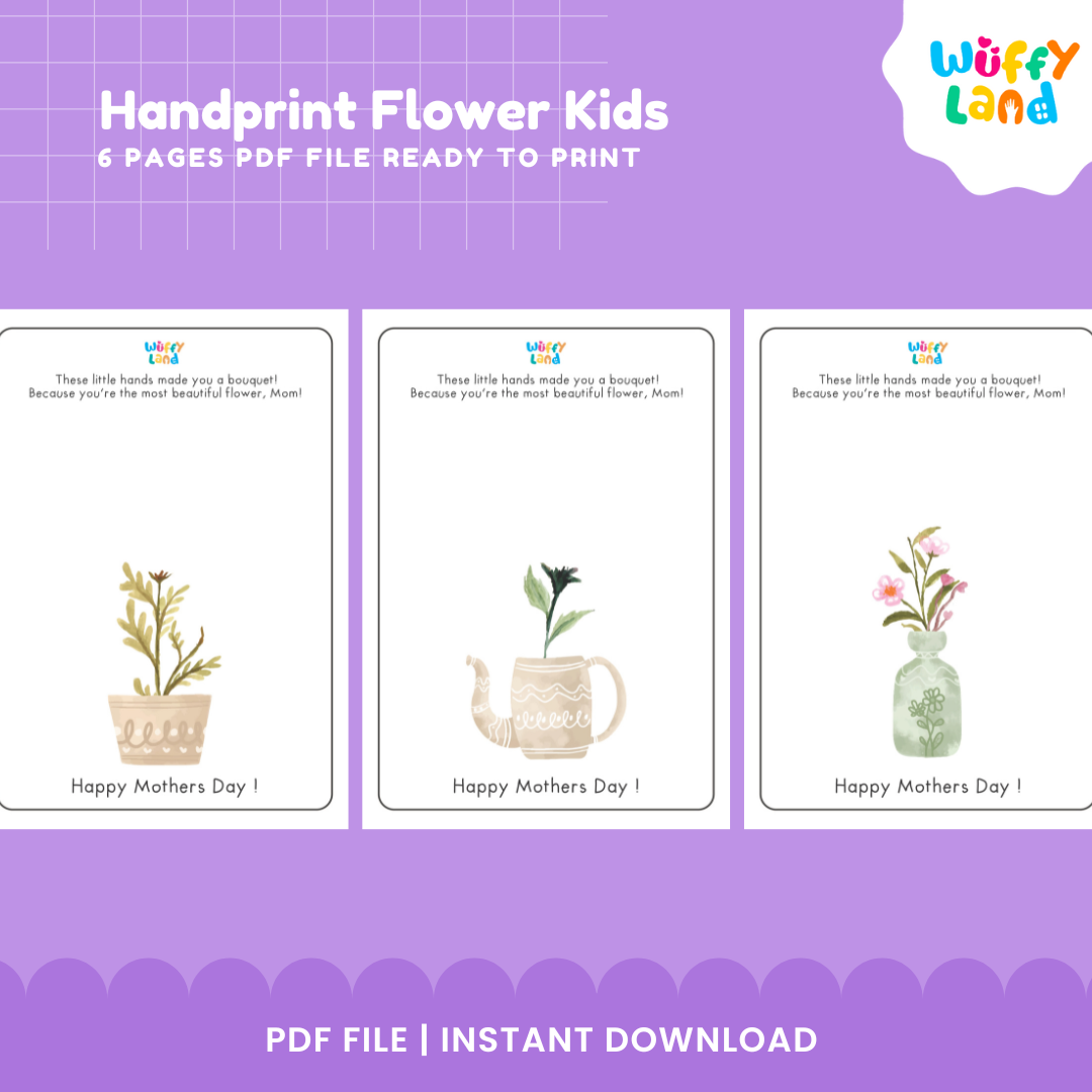 Framed printable handprint flower keepsake sheet showing green handprint blossom growing from an illustrated ceramic teapot 🫖🌱