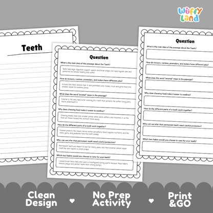 Informational reading passage page detailing human teeth incisors canines molars enamel chewing and dental care with photos