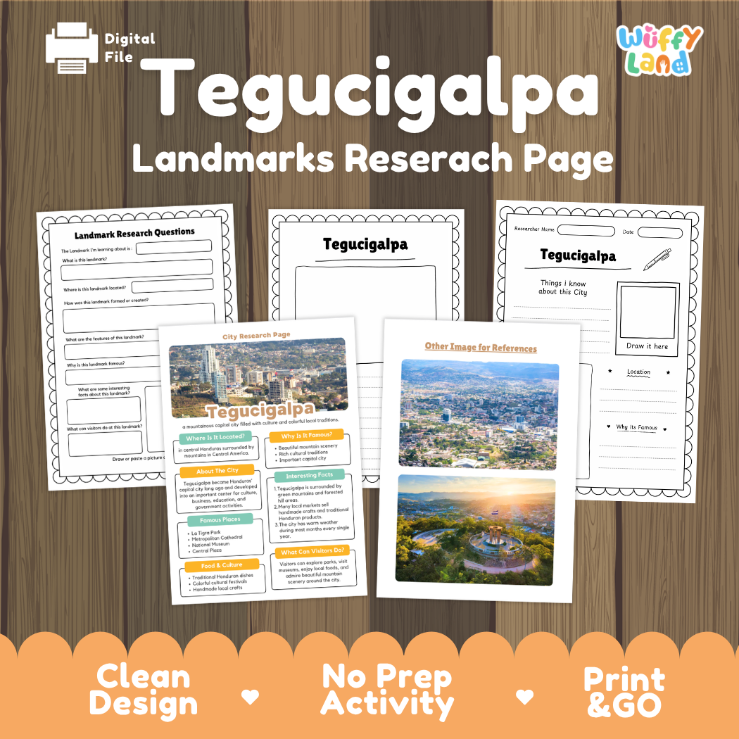 Digital file preview of a 'Tegucigalpa Landmarks Research Page' activity sheet set on a wood-grain background. The set includes a city map, a landmarks poster, a research questions page, and a 'Other Places for Reference' page.