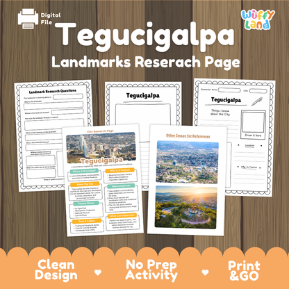 Digital file preview of a 'Tegucigalpa Landmarks Research Page' activity sheet set on a wood-grain background. The set includes a city map, a landmarks poster, a research questions page, and a 'Other Places for Reference' page.
