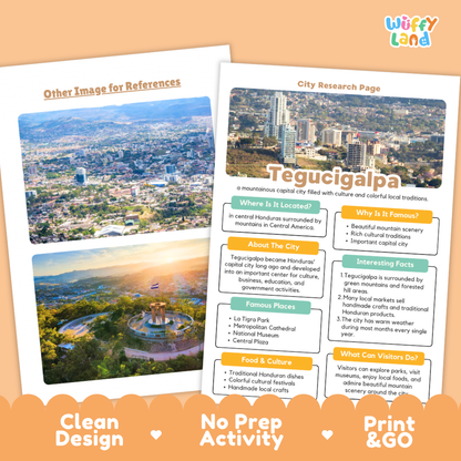 Two educational activity sheets for a 'City Research Page' themed around Tegucipala, displayed on a peach background with decorative orange banners. The sheets feature city maps, a photograph of a cathedral, and colorful text boxes.