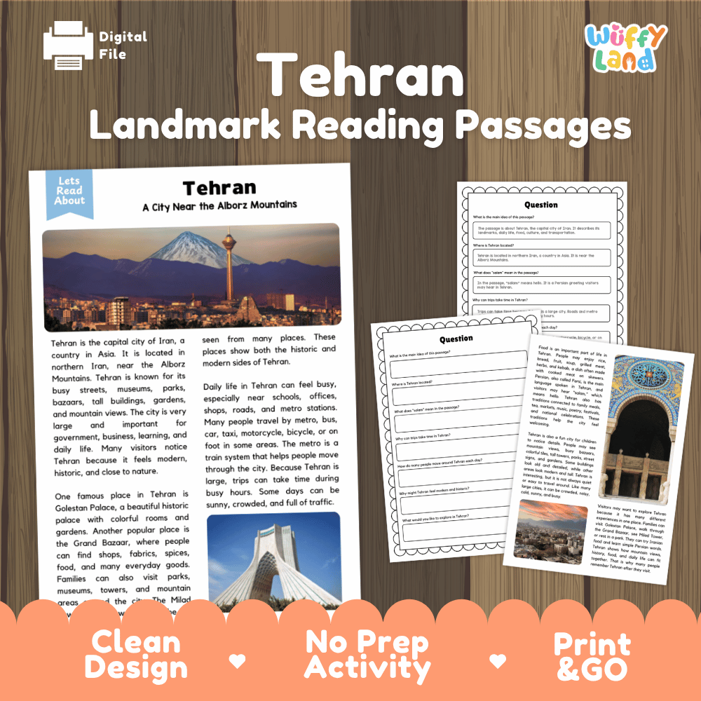 Tehran landmark reading passage and comprehension worksheet educational unit featuring nonfiction text and authentic Milad Tower Alborz Mountains photography