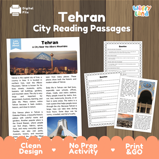 Tehran landmark reading passage and comprehension worksheet educational unit featuring nonfiction text and authentic Milad Tower Alborz Mountains photography