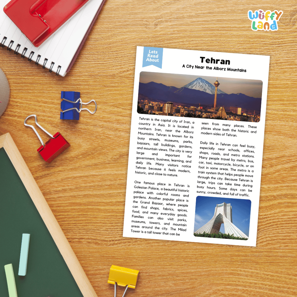 Lined reading comprehension question worksheet covering main ideas vocabulary terms and landmark facts about Tehran Iran