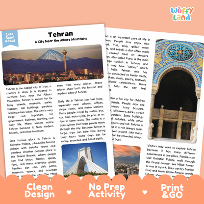 Reference sheet and answer key for Tehran landmark reading passage displaying completed comprehension answers and Iranian geography facts