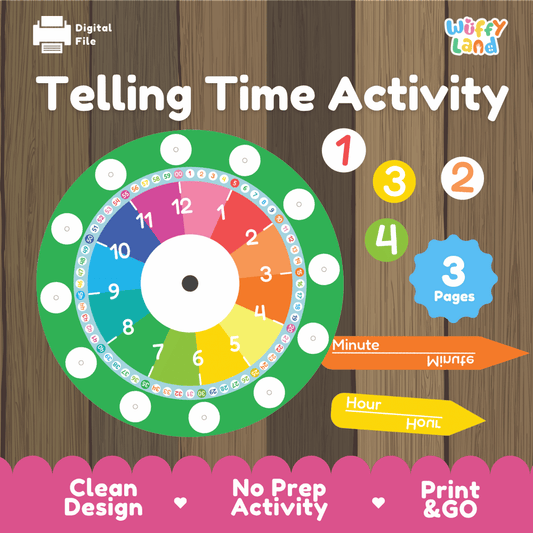 Telling time activity 3-page printable interactive clock bundle overview from Wuffy Land featuring rainbow clock dial, hour and minute hands, and number tokens ⏰🕒
