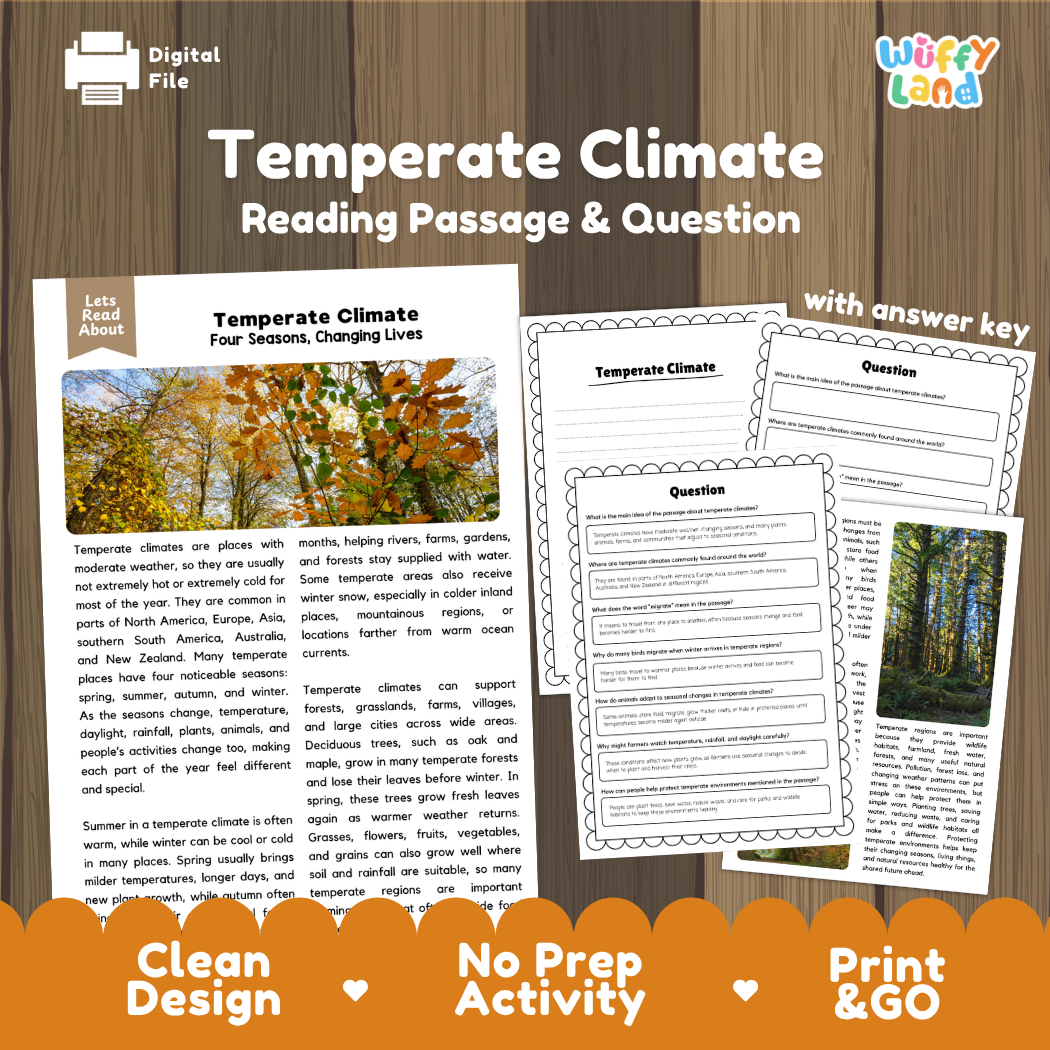 Temperate Climate reading comprehension passage and questions printable activity pack with answer key for elementary students
