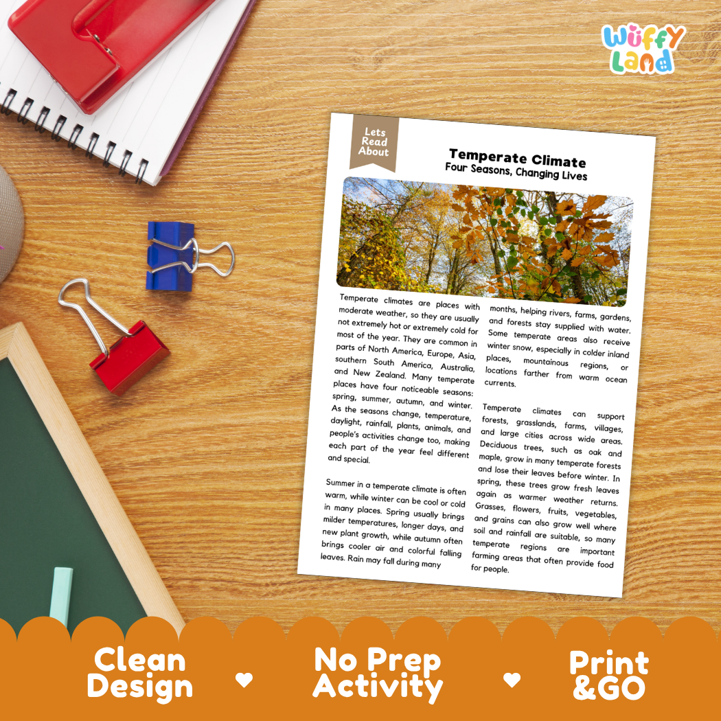 Student reading comprehension worksheet with short-answer questions and lined sections about temperate climate zones