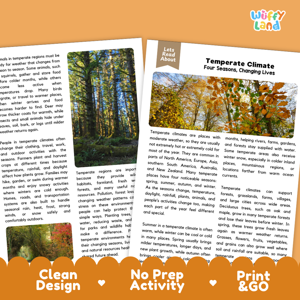 Teacher answer key page showing complete question solutions for Temperate Climate Earth science and geography reading comprehension practice