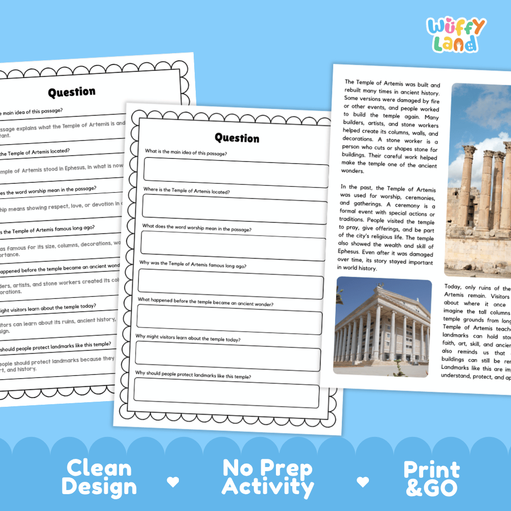 Student reading passage titled An Ancient Wonder in Ephesus detailing the Temple of Artemis, classical architecture, and Ephesus ruins photography