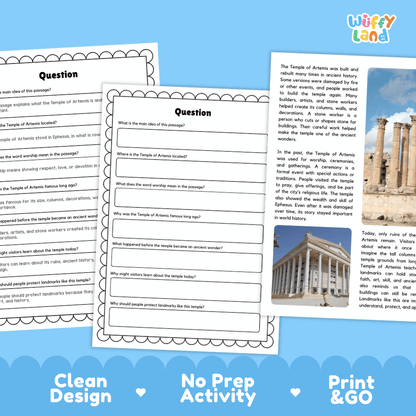 Student reading passage titled An Ancient Wonder in Ephesus detailing the Temple of Artemis, classical architecture, and Ephesus ruins photography