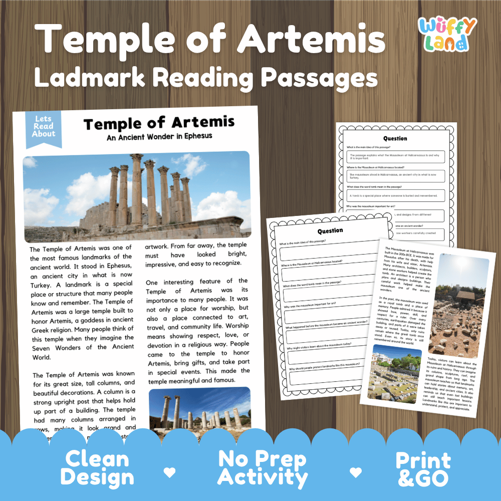 Temple of Artemis landmark reading passages educational study unit featuring nonfiction reading worksheets and authentic ancient Greek column photography