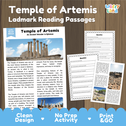 Temple of Artemis landmark reading passages educational study unit featuring nonfiction reading worksheets and authentic ancient Greek column photography